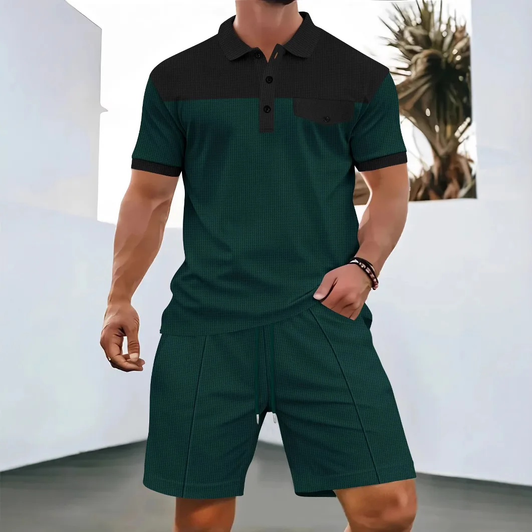 Summer Men's New Waffle Color Matching Lapel Fake Pocket Short Sleeve Shorts Set