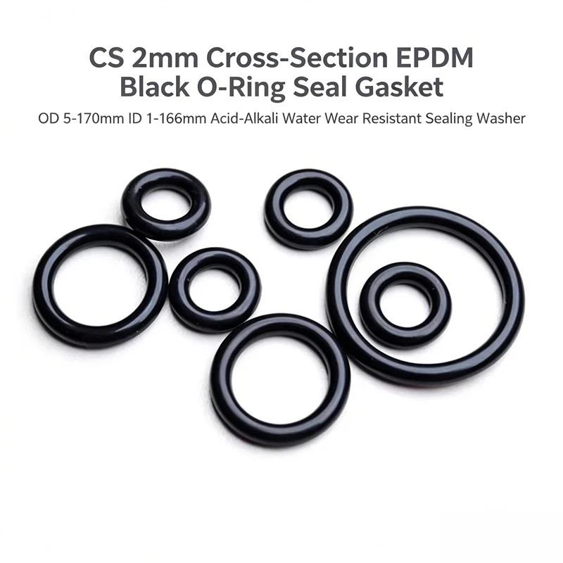 CS 2mm Cross‑Section EPDM Black O‑Ring Seal Gasket OD 5‑170mm ID 1‑166mm Acid‑Alkali Water Wear Resistant Sealing Washer
