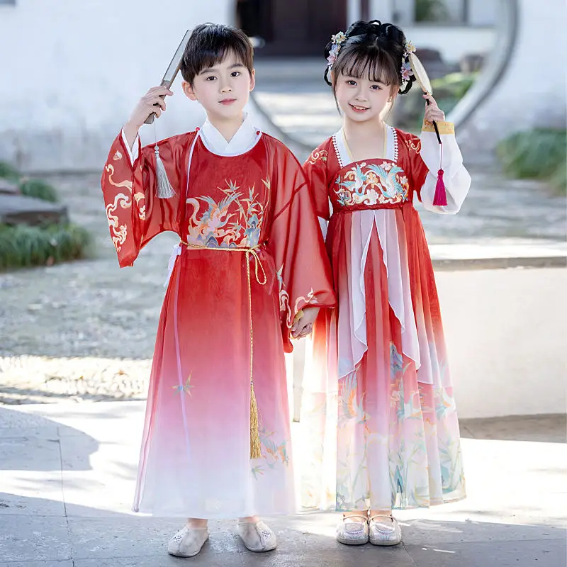 小学生のための中国の刺繍された漢服、子供の古代の衣装、超不滅、夏の毎日の服