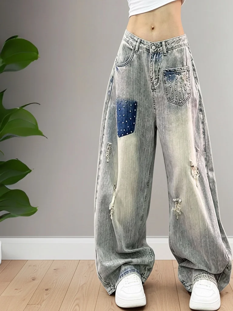

Summer 2026 Women's Loose Wide Leg Denim Jeans Color Block Washed American Retro Casual High Waist Trousers Breathable