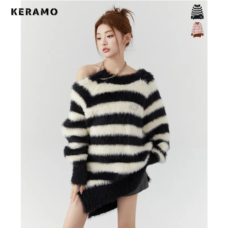 

2023 Autumn Winter Hotsweet Casual O-Neck Knitting Long Sleeve Cardigans Women Striped Print Clubwear Ladies Sexy Sweater