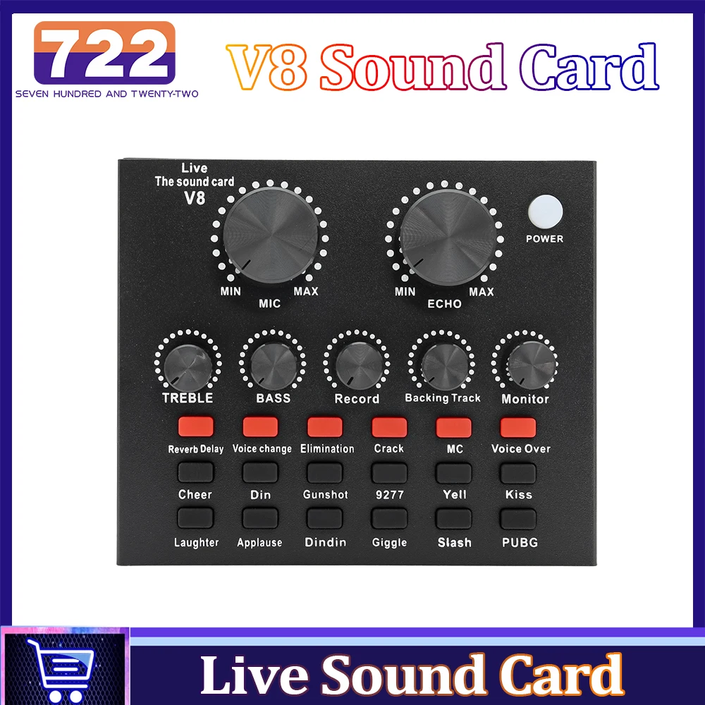 

V8 Sound Card Sound Change Live Streaming Singing Karaoke Headset Live External Sound Card For Mobile Home PC KTV Computer Audio