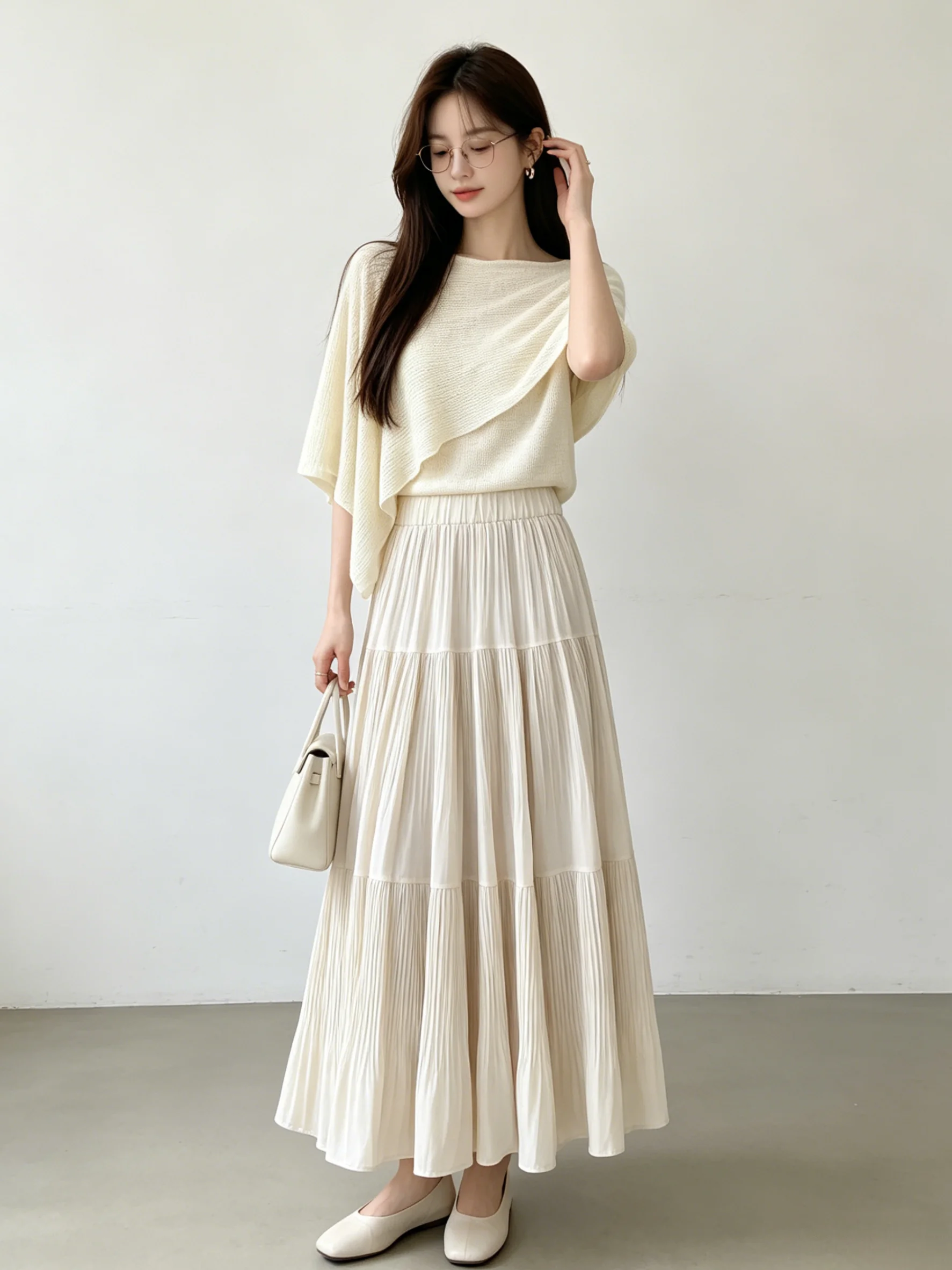 

Elegant Sweet Skin-Friendly Mock Two-Piece T-Shirt And Skirt Set Breathable High-Waisted Casual Summer Outfit for Women