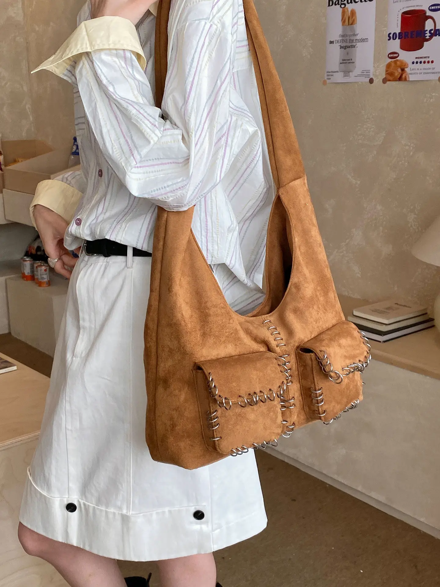 

Корейская ретро-сумка-тоут из замши 2026 года, новая, с множеством карманов, большая вместимость, для поездок на работу, модная простая женская сумка на плечо