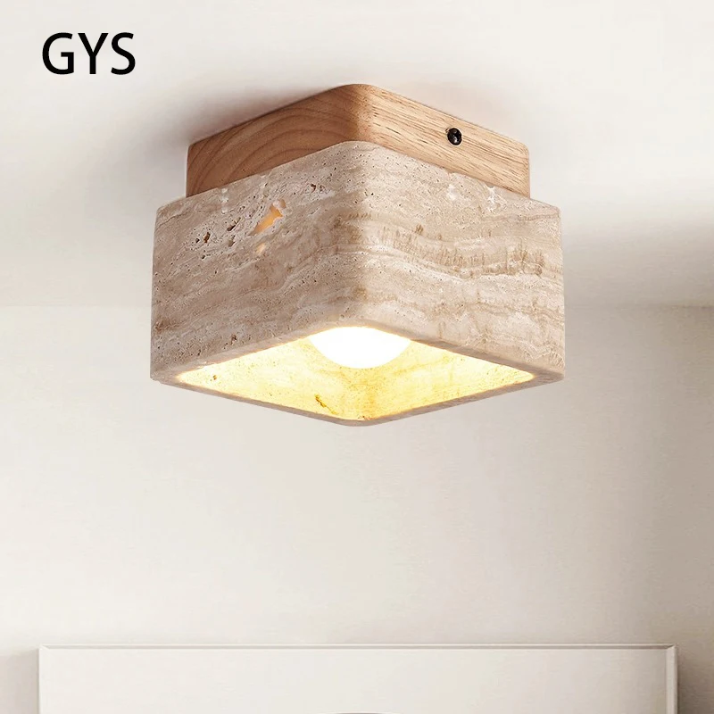 Led Ceiling Lamp Nordic Modern Downlight Square Stone Wood Cream Style Surface Mounted Down Light For Porch Balcony Corridor