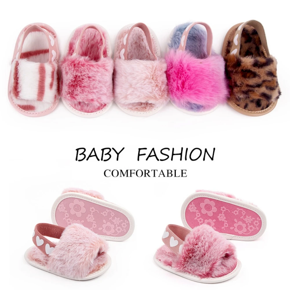 Fashion Faux Fur Baby Shoes Soft Sole Flat Princess Dress Walking Shoes Infant Non-Slip First Walkers Newborn Girl Cute Sandals