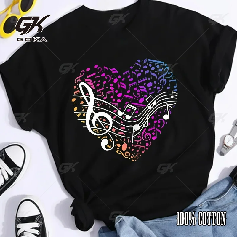 Women's Musical Notes Heart Treble Clef Music Round Neck T-Shirt 2026 New Summer Fashion Cute Short Sleeved Top Y2K Comfortable
