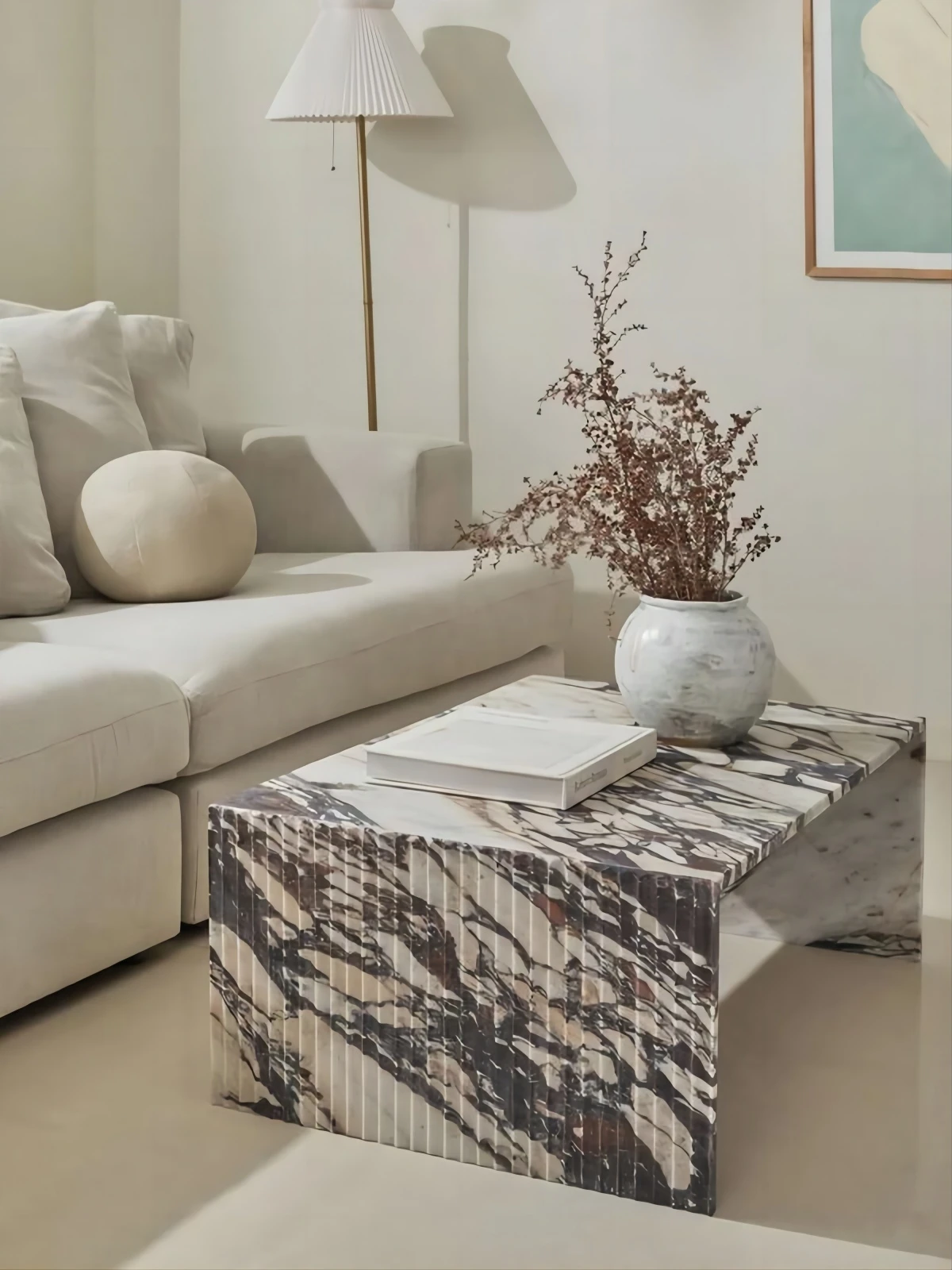 Simple modern living room furniture rectangular custom groove marble low base coffee table
