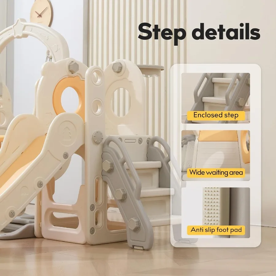 Tobogán independiente para niños pequeños con columpio, tobogán interior 6 en 1 para niños pequeños, tobogán en forma de 13 L con aro de baloncesto, tobogán para bebés