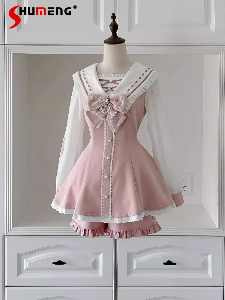 

Оригинальные комплекты платьев в клетку с длинными рукавами в японском стиле Mines, милые короткие платья с бантом, шорты, комплект из двух предметов для женщин