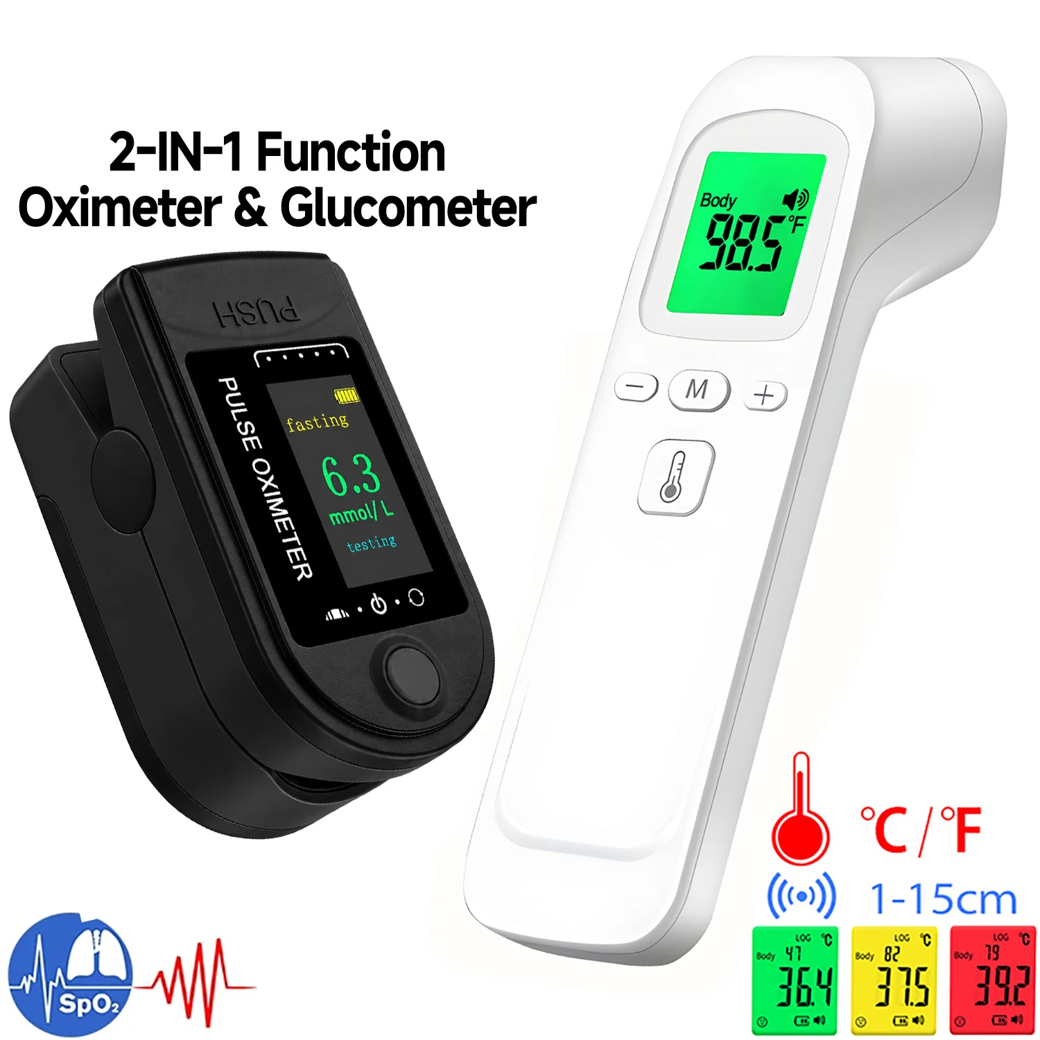 Body Fever Non-contact IR Thermometer Test Kit OR 2IN1 Glucometer + Oximeter Finger Non‑Invasive Pulse Painless Glucose Meter