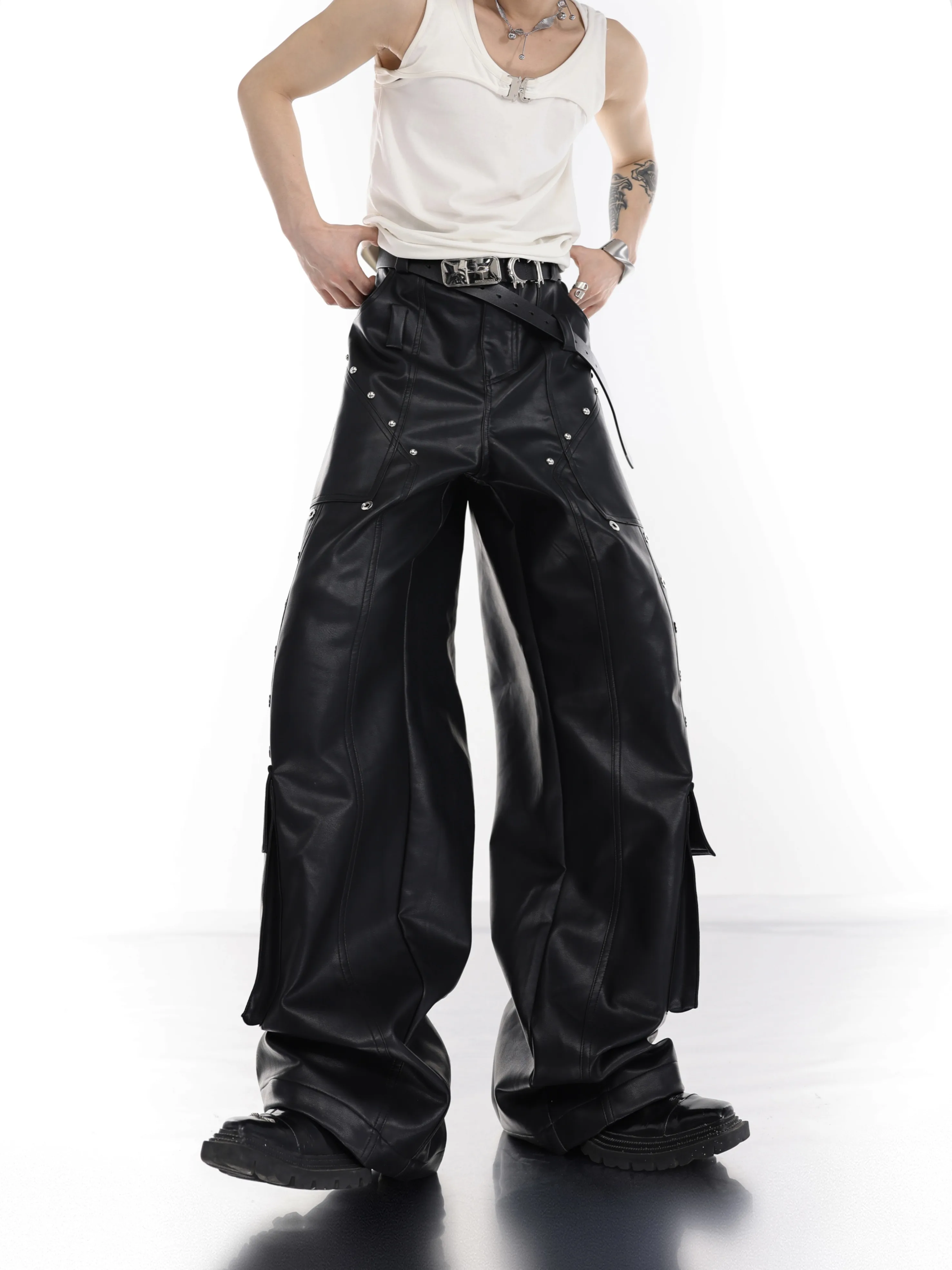 

Metallic Wide Leg Pants Loose Fit Cargo Trousers with Big Pockets Youth Casual Style PU Leather Straight Cut Autumn Wear