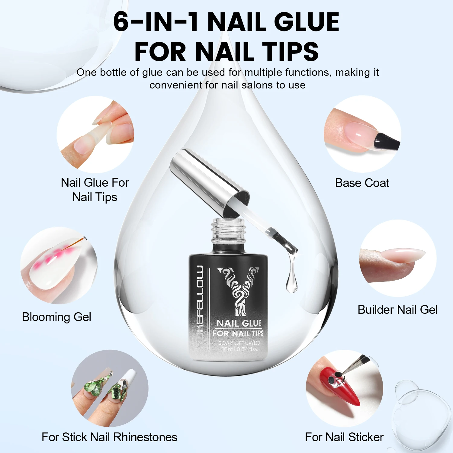 YOKEFELLOW 16ML 6IN1 Super Strong Nail Glue for Nail Tips Gel for False Nail Tips Acrylic Nails UV Lasting Adhesion Function Gel