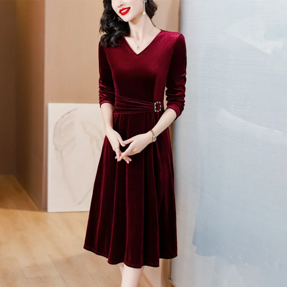 Elegant Velvet Mother Dresses Women's Three-Quarter Collar V-Neck Slim Fit Waist Waistband Design A-Line Dress Tea-Length Dress