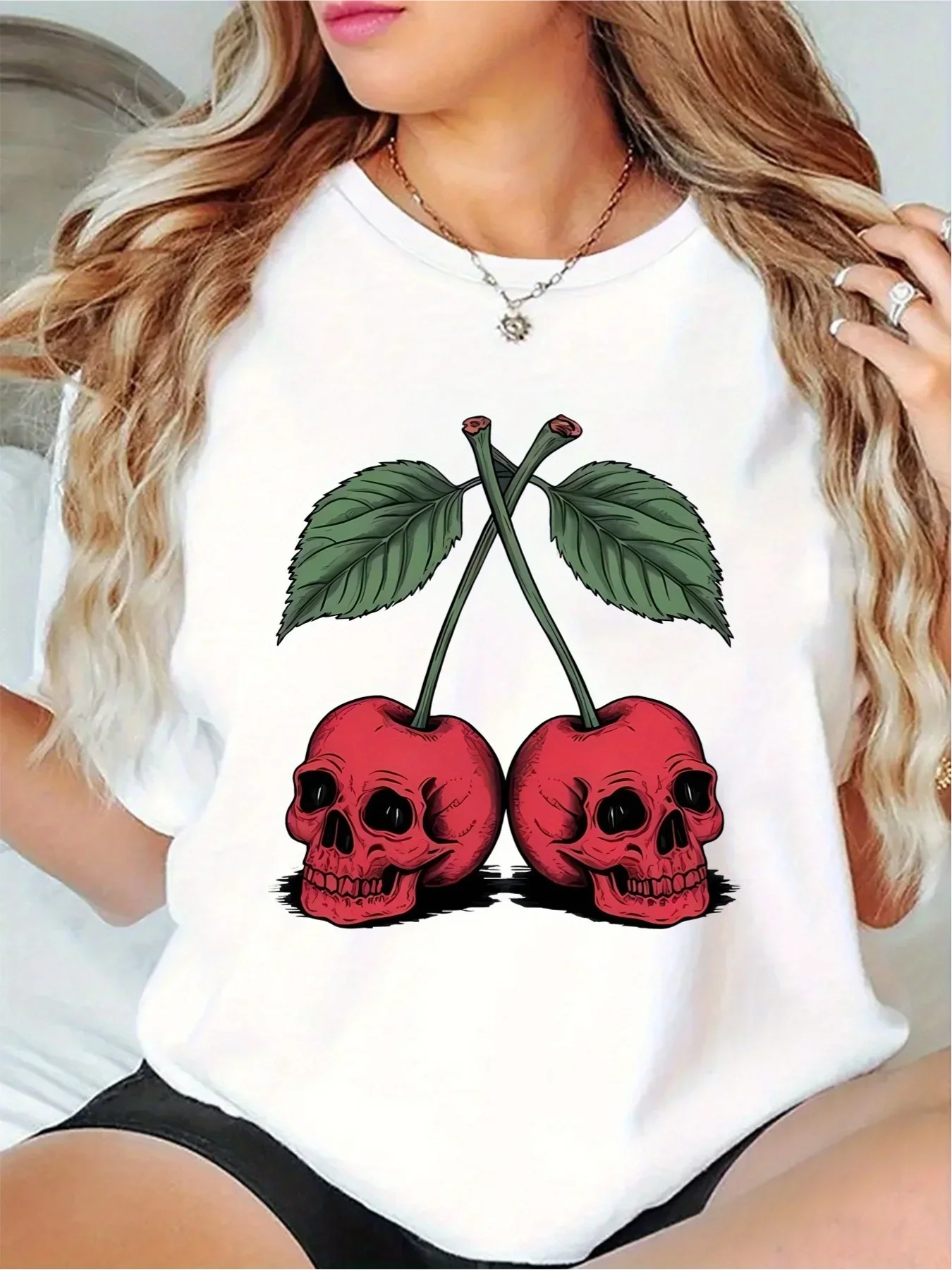 Skull Cherry Horror Pattern Women's Short Sleeve, Minimalist T-shirt  T Shirt Women Vintage T-shirts Manga Corta 반팔   T Shirt