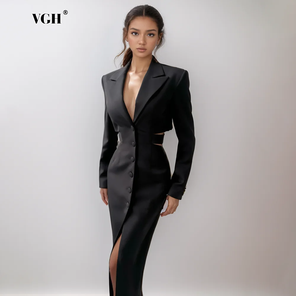 VGH Chic Hollow Out Spliced Belt Blazers For Women Notched Collar Long Sleeve Patchwork Single Breasted Slimming Blazer Female