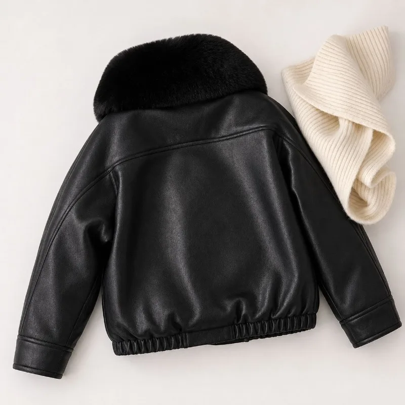 Leather Jacket Women Faux Fur Collar Zipper Snap Buttons Quilted Pockets Oversize Solid Retro Casual Fall Winter Trendy