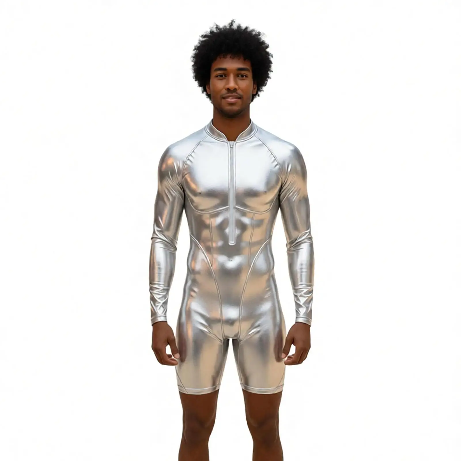 Men Metallic Shiny Bodysuit Glossy Long Sleeve Zip Short Bottoms Rompers Disco Party Night Clubwear Role Play Swimwear Swimsuit