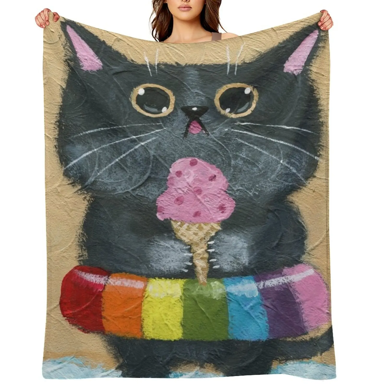 

At The Beach, Ice Cream Cat Throw Blanket Moving manga Beach Blankets