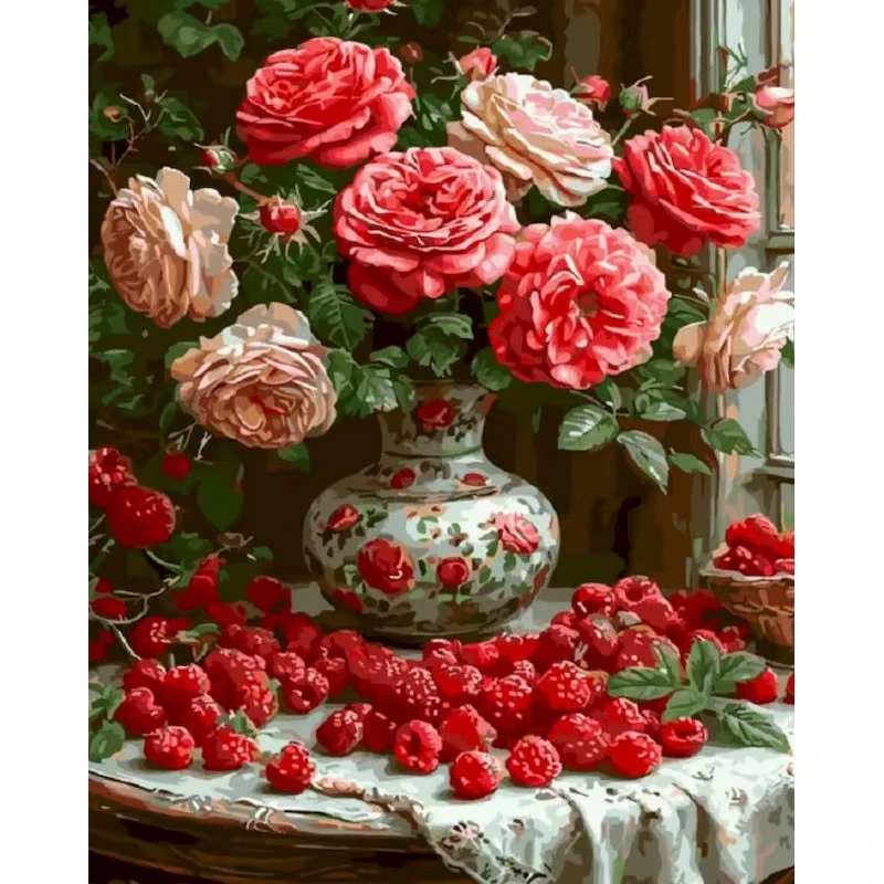 Painting By Number Roses And Raspberries Digital Painting Handmade Adult Beginner Gift Wall Decoration Unique Gift