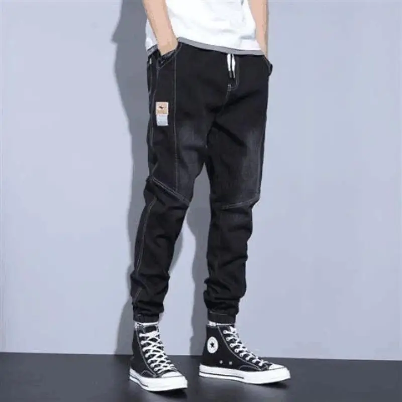 Autumn New Fashion Men Jeans Spliced Cargo Pants Letter Print Streetwear Hip Hop Trend Pants Jogger Jeans Men Clothing Trousers