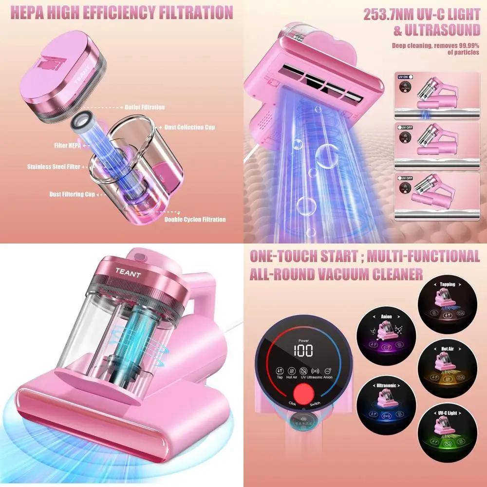 UV-C lichte bedstofzuiger: 16 kPa zuigkracht, 33000 RPM tappen, HEPA-filter, 149 ℉   Warmte, ultrasoon en anion voor matras en huisdier