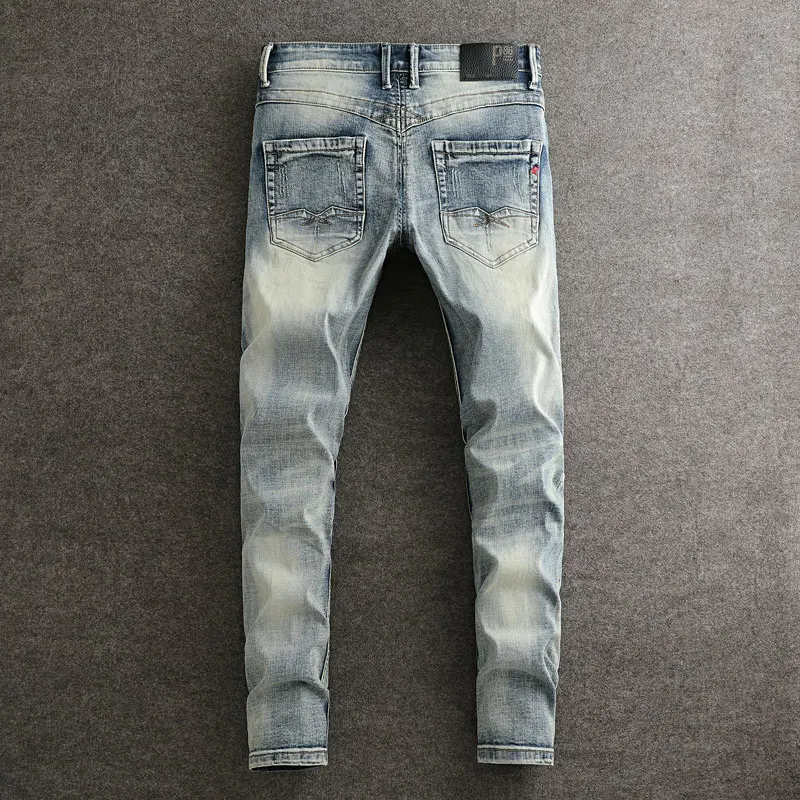 Street Fashion Men Jeans Retro Washed Blue Stretch Slim Fit Ripped Jeans Men Embroidery Patched Designer Vintage Denim Pants