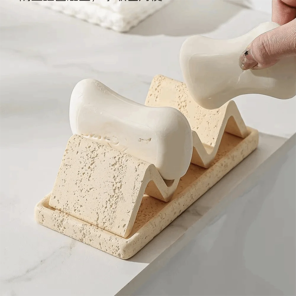Retro Japanese Style Soap Dish Wave Shaped Minimalist Soap Storage Box Sandstone with Drainage Bathroom Soap Box Household