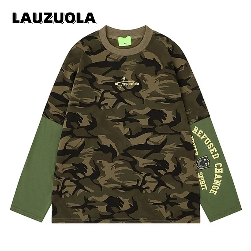 Men Camouflage Fake Two Piece Long Sleeve T-Shirt Letter Print Graphic Oversized Hip Hop Streetwear Casual Cotton Tops