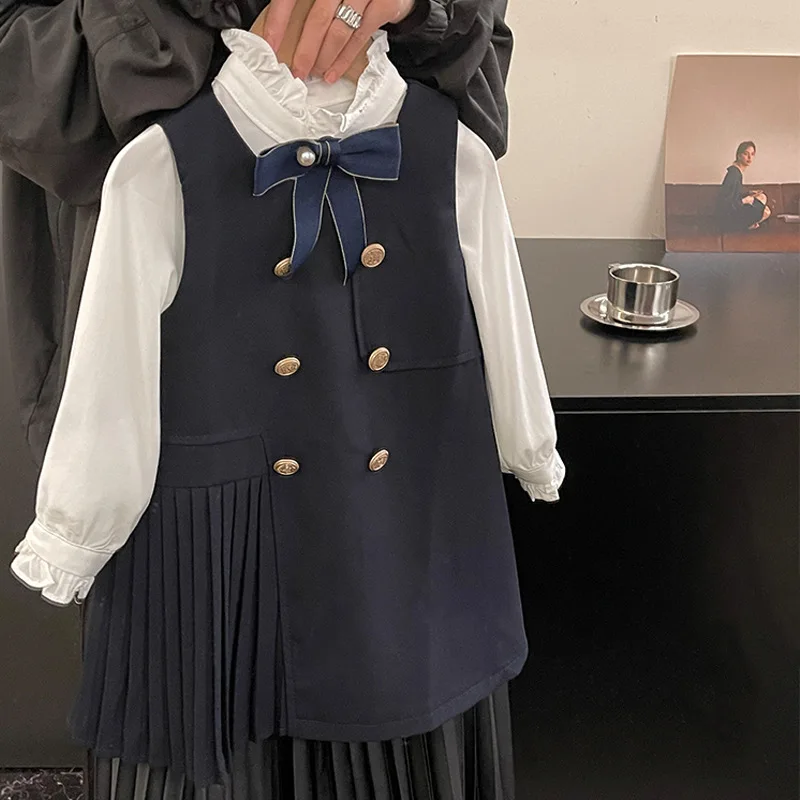 

Girls' College Style Dress 2025 Autumn Western Style Double Breasted Girls' Western Style Vest Skirt Baby Princess Skirt