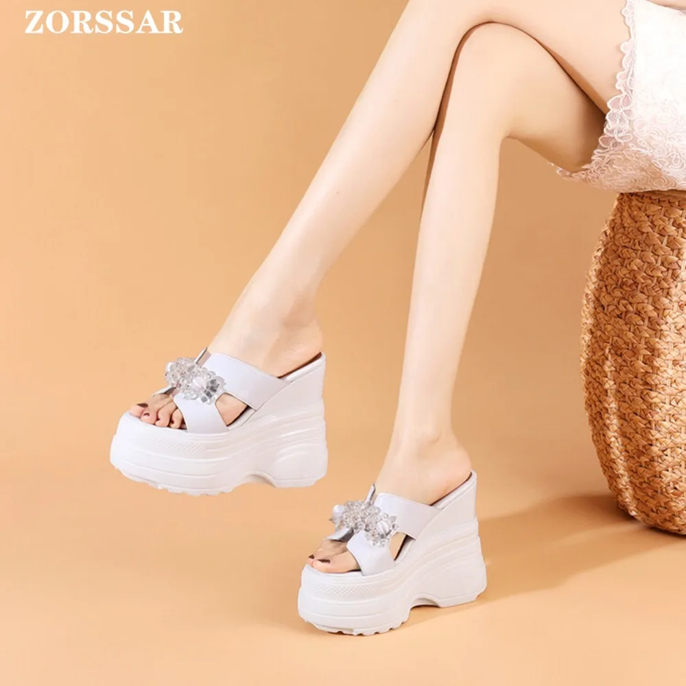 

Rhinestone Wedges Slippers for Women Platform Sandals Summer Shoes Chunky Heel Black White Open Toe Woman Thick Sole Beach Shoes