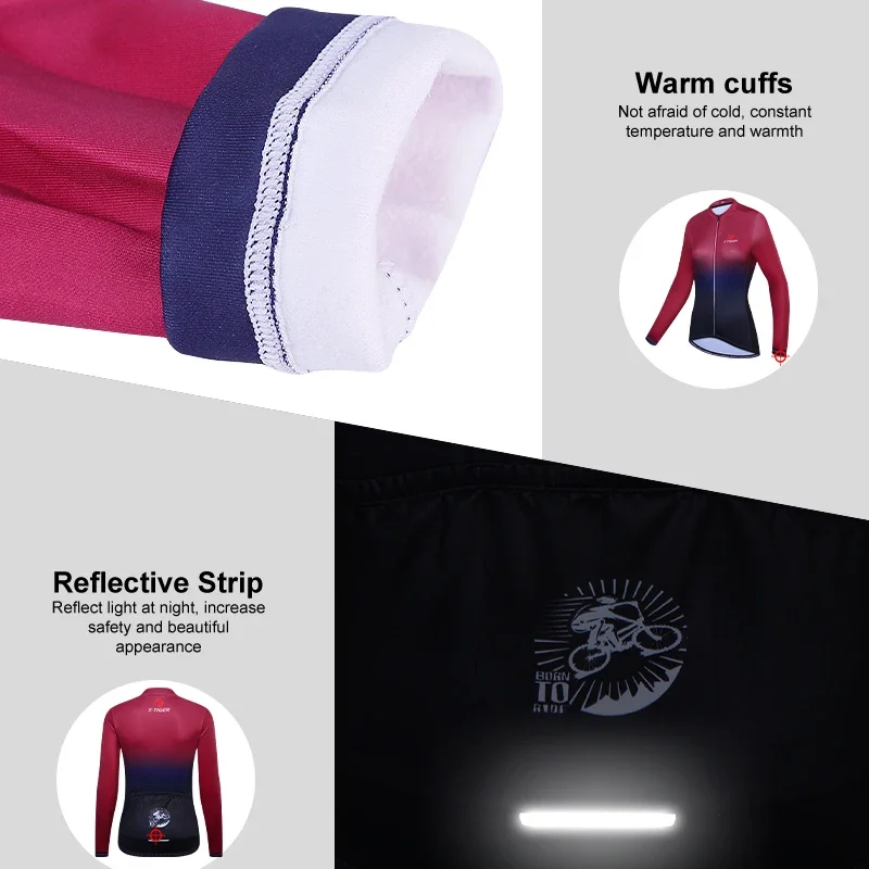 X-TIGER Cycling Jerseys Lady Winter Thermal Biking Jersey Long Sleeve Keep Warm Gradient Series Sport Running Bicycle Shirts