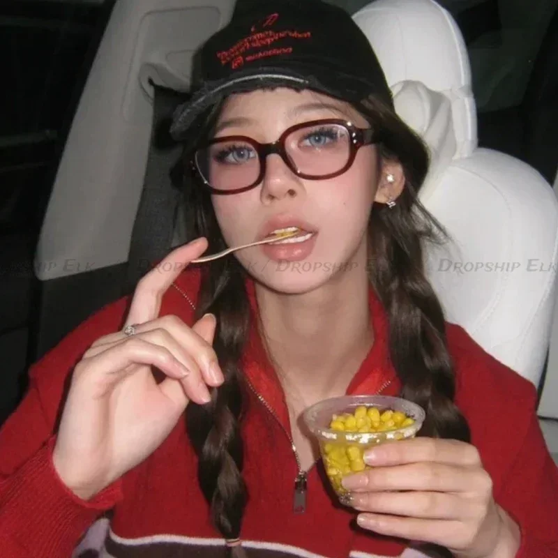 نظارات كورية عتيقة مضادة للضوء الأزرق ، نظارات مربعة ، نظارات زخرفية ، عدسة شفافة ، نظارات للرجال والنساء ، الإضافية ، Y2K