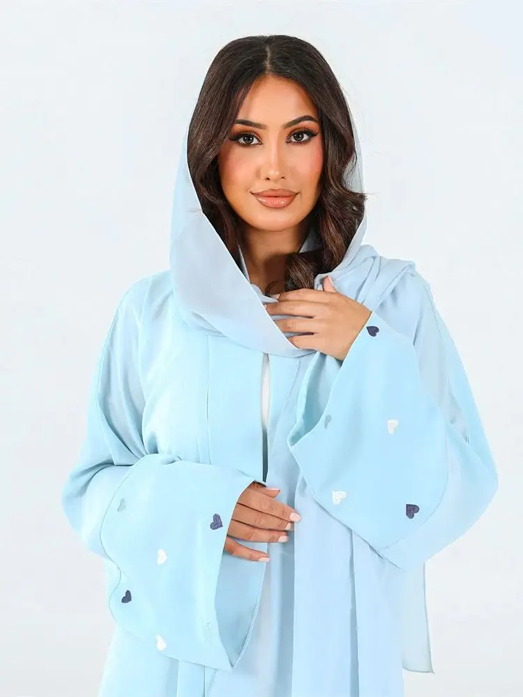 Fashion Love Heart Embroidery Open Plain Kimono Abaya for Women Dubai Luxury Muslim Kaftan Elegant Cardigan Islam Clothing 