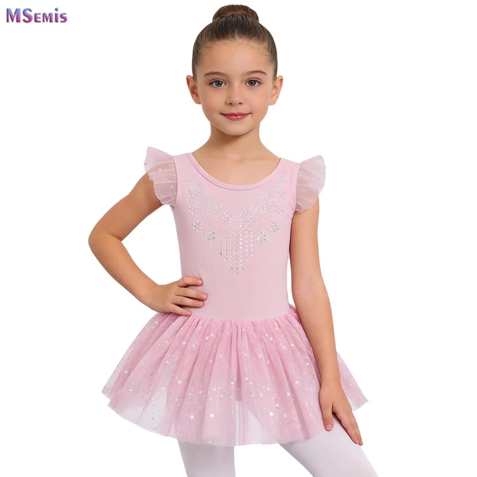 Leotards de Ballet com Glitter para Meninas, Mangas com Babados, Fantasia de Ginástica, Roupas de Dança para Crianças, Vestidos Tutu de Dança