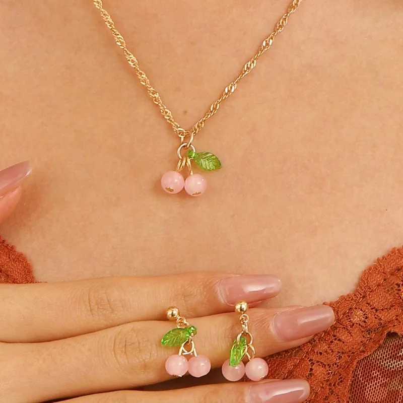 2024 Cherry Clavicle Chain Earrings Jewelry Set Female Green Leaf Pink Green Cherry Pendant Necklace Earring Accessories Women