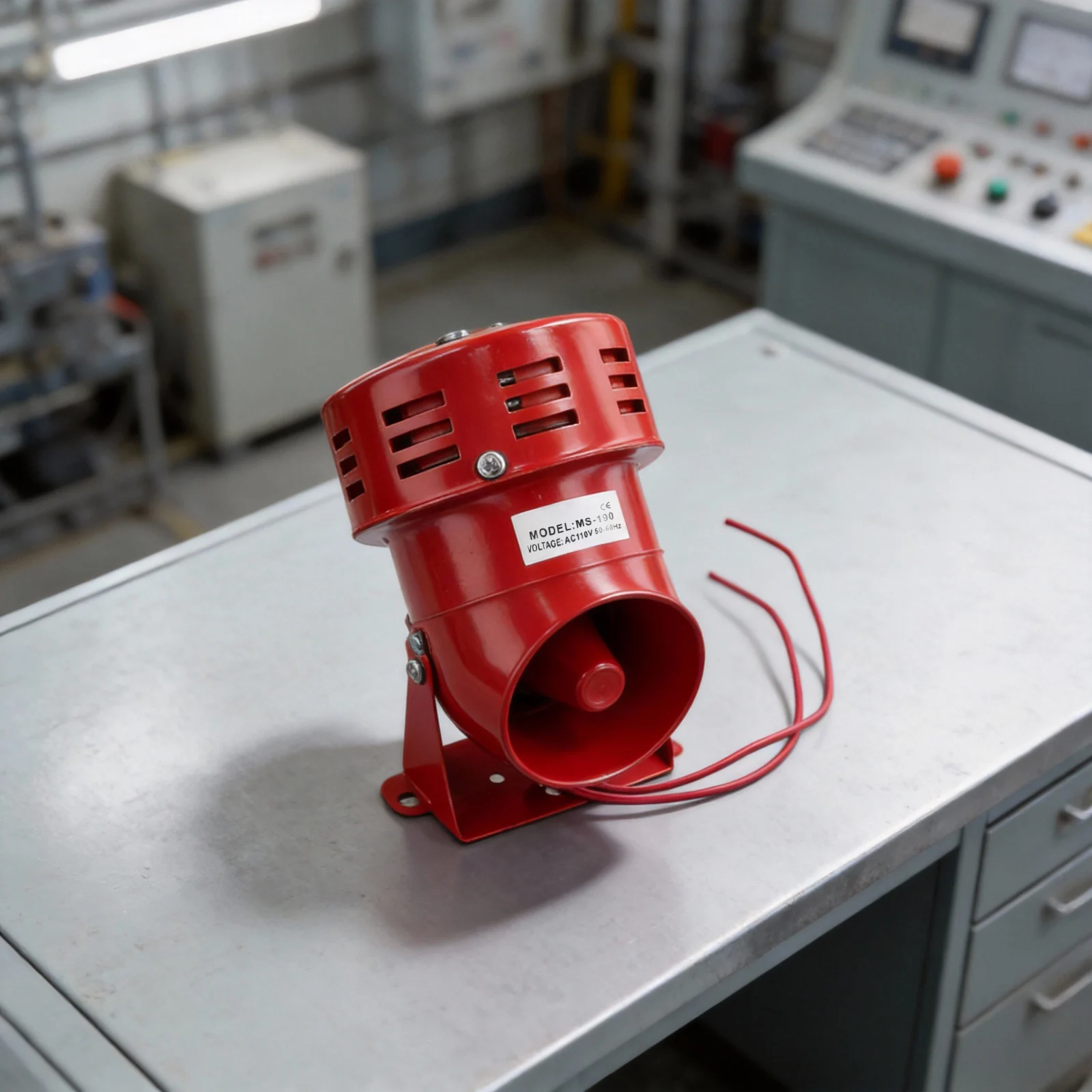 Alarm Siren with Motorized Propeller Generating Continuous Sound Alerts for Use in Industrial and Road Settings