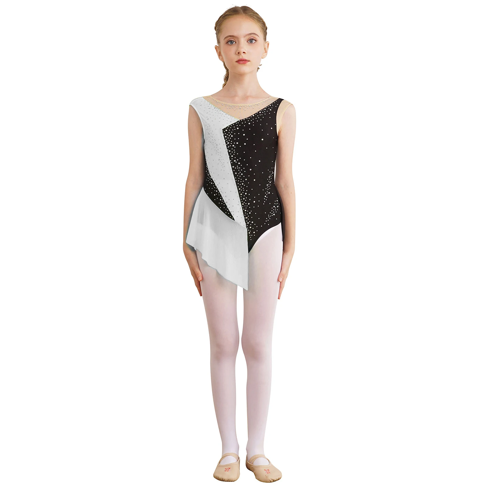 سباركلي الراين الباليه البهلوانية ملابس رقص الجمباز فساتين الاطفال الفتيات الشكل التزلج بقماش شفاف غنائي مرحلة الرقص ثياب #2
