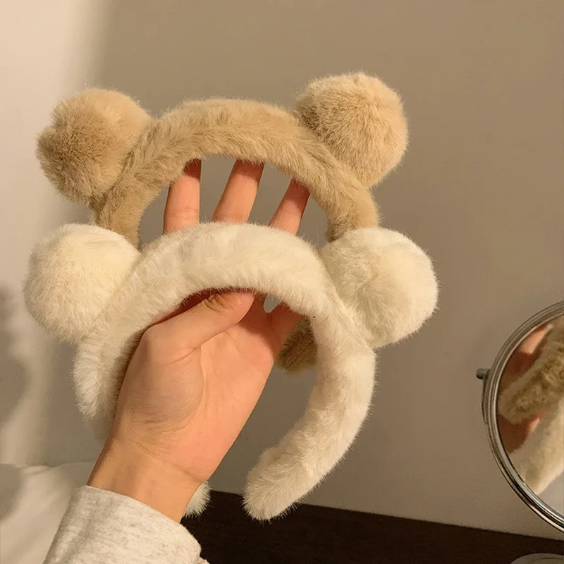 Plush Headband Cute Bear Ear Hariy Headhoop Women Spa Face Wash Anti -sliding Hair Holder Girls Cartoon Head Hoop Hairband Hoops