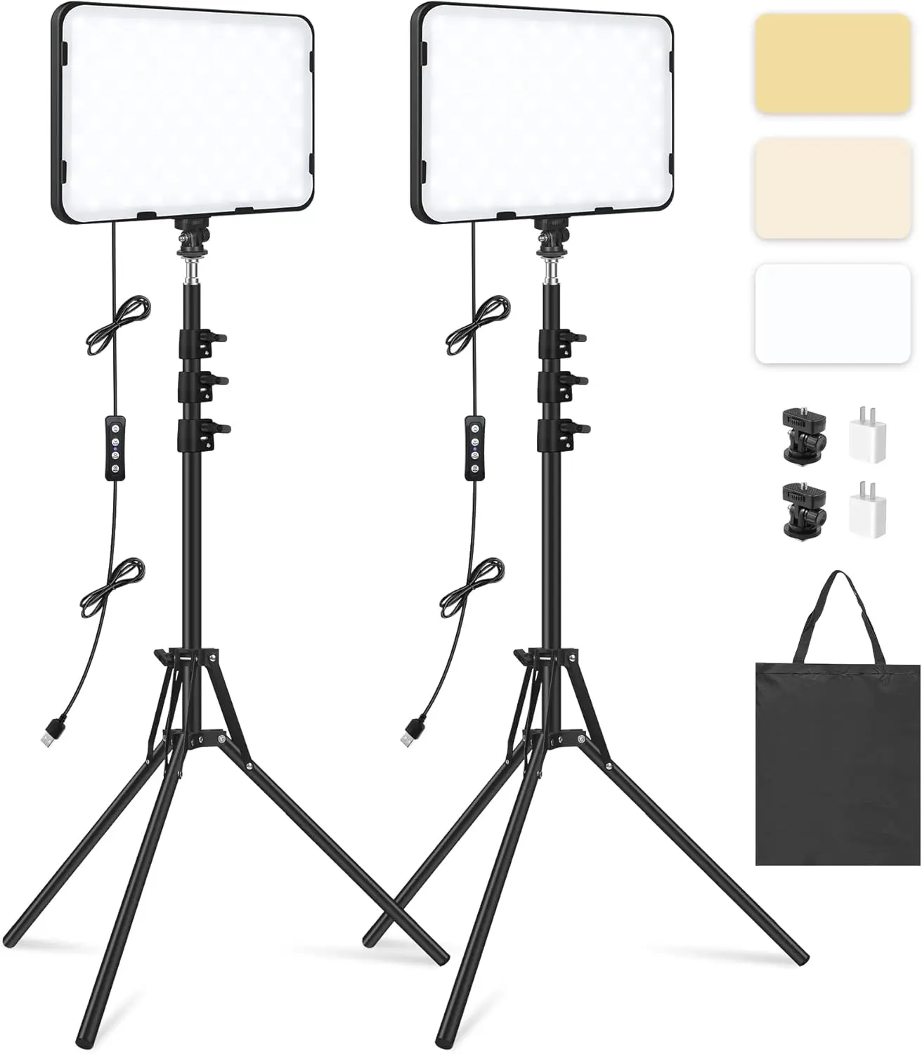 

2 Pack LED Video Light with 63'' Tripod, Dimmable Studio Lighting for Streaming, Photography, USB Charger