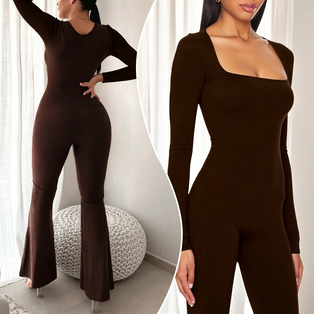 

Женский костюм для йоги с длинным рукавом и талией, подтягивающий бедра, квадратный вырез, широкий эластичный повседневный комбинезон