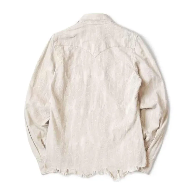 KAPITAL HirMiand 14-ri-Chemise en Denim Blanc Brodée de Plumes Décontractée, Rétro Japonais, à Manches sulf, 24AW