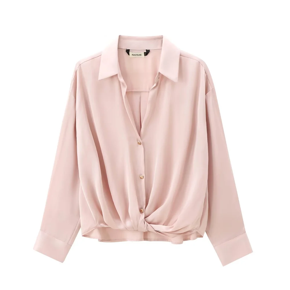 PB&ZA 2024 Early Autumn New Women\'s Fashion Solid Color Knotted Satin Textured Long Sleeve Lapel Long Sleeve Shirt