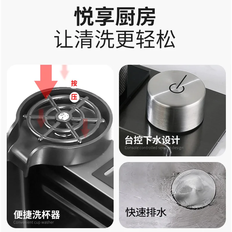 Digital display kitchen handmade sink Feiyu Waterfall stainless steel large single slot undercounter dishwashing basin