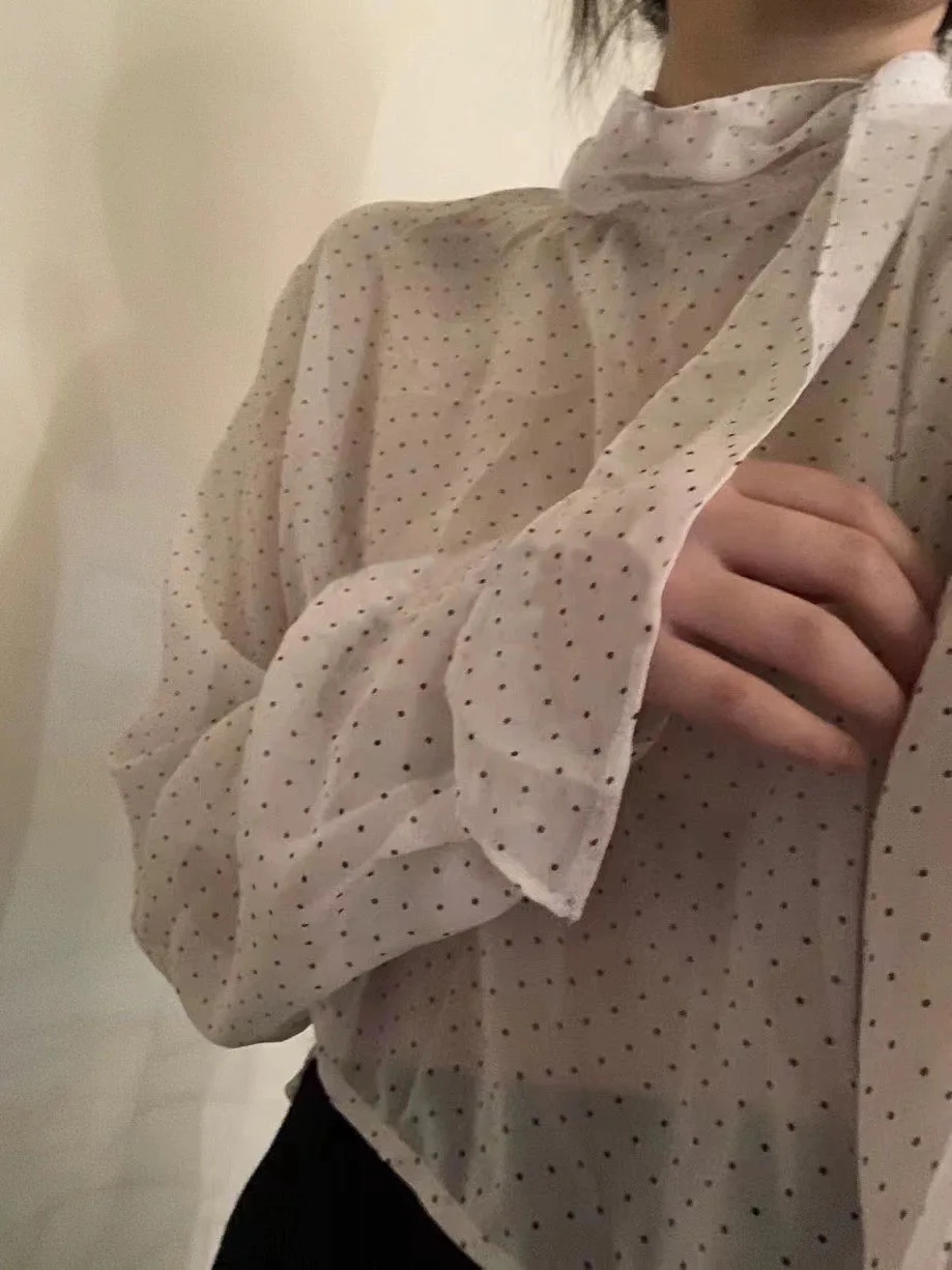 

Женская модная рубашка в французском стиле Candy Miss Gentle с воротником-стойкой, поясом, цветовыми блоками и горошком, весна 2025