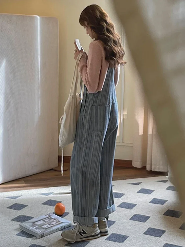 Jumpsuits Women Striped Retro Design Loose Streetwear Korean Style Casual Simple Empire All-match Spring Denim Personality Teens