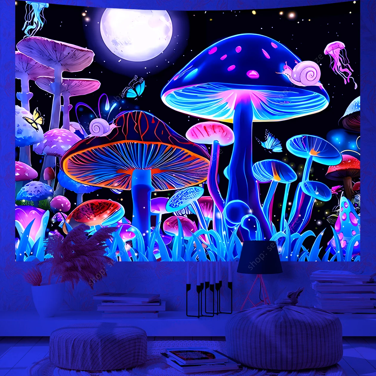 Mushroom UV Reactive Tapestry Psychedelic Moon Butterfly Jellyfish Wall Tapestry Aesthetic Room Decor Hippie Decor Curtain Cloth