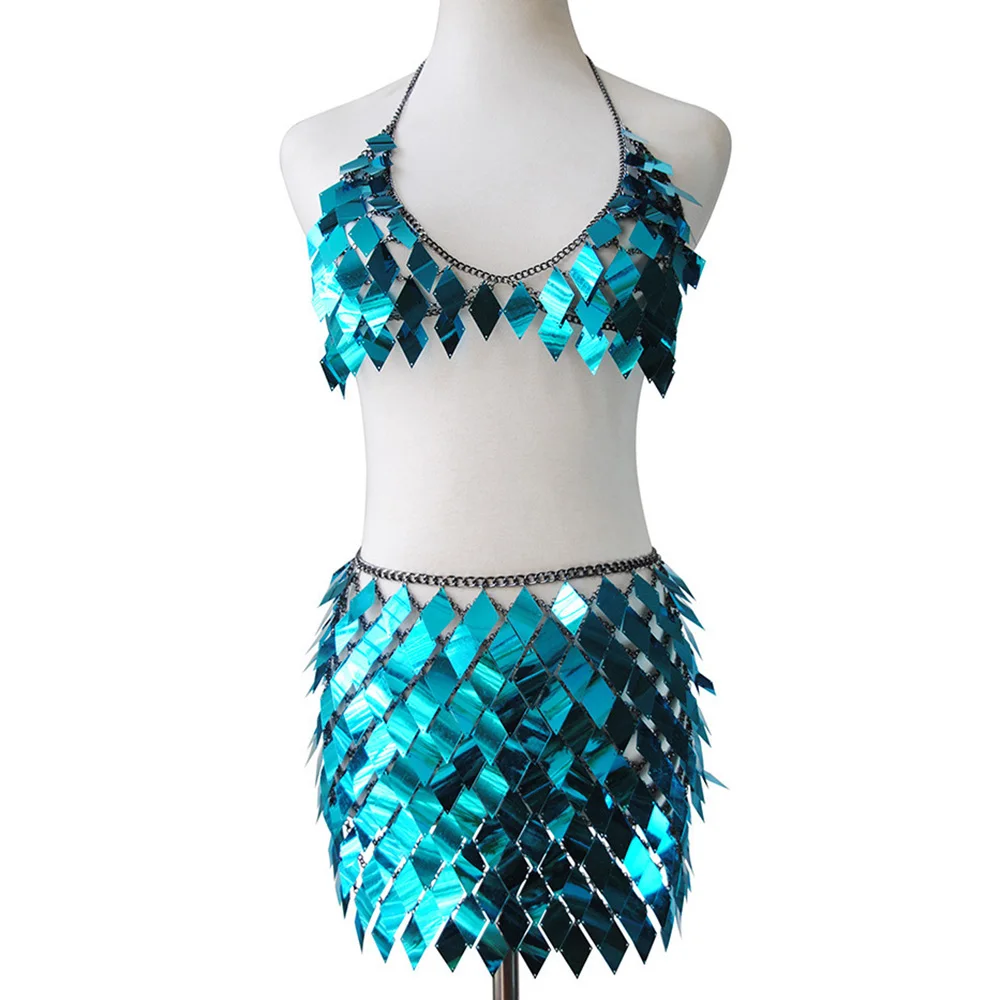 6 Color Sequins Lady Outfits Halter V-Neck Backless Camis Sexy Hollow Out Mini Skirt Summer Fashion Rave Festival Body Chain Set