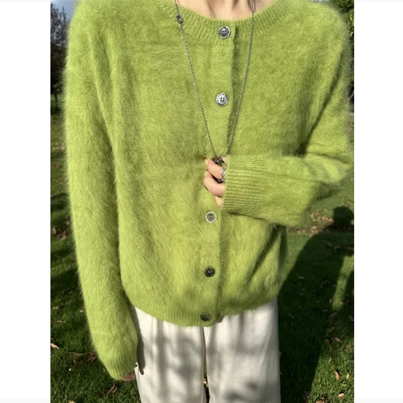 Chaqueta tipo suéter verde holgada y de alta gama con cuello redondo para mujer, ropa de otoño e invierno, cárdigan grueso suave y de felpa