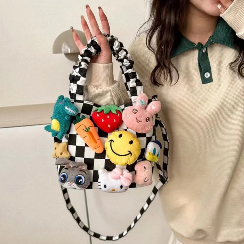 Y2K Denim Cartoon Doll Decoration Crossbody Bag Casual Canvas Shoulder Bag Trendy Tote Fashion Design Handbag Cute Women Purses